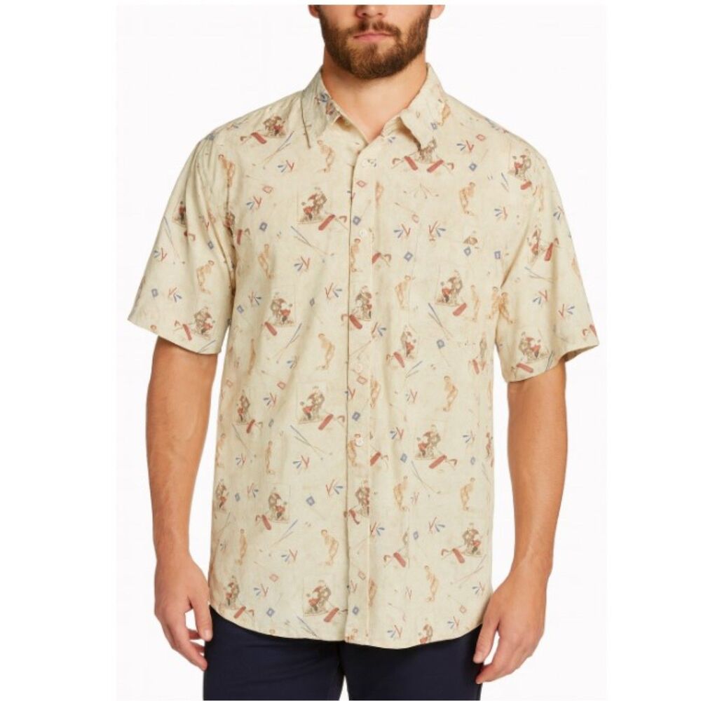 The Saturday Evening Post Shirt Button Up Camp Golf Novelty Print Tan Size 2XLT